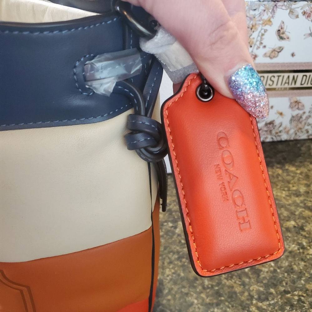 Coach RETAIL Colorblock Pillow Quilted Field Bucket Bag - Orange Cream Tan Navy - Picture 11 of 17